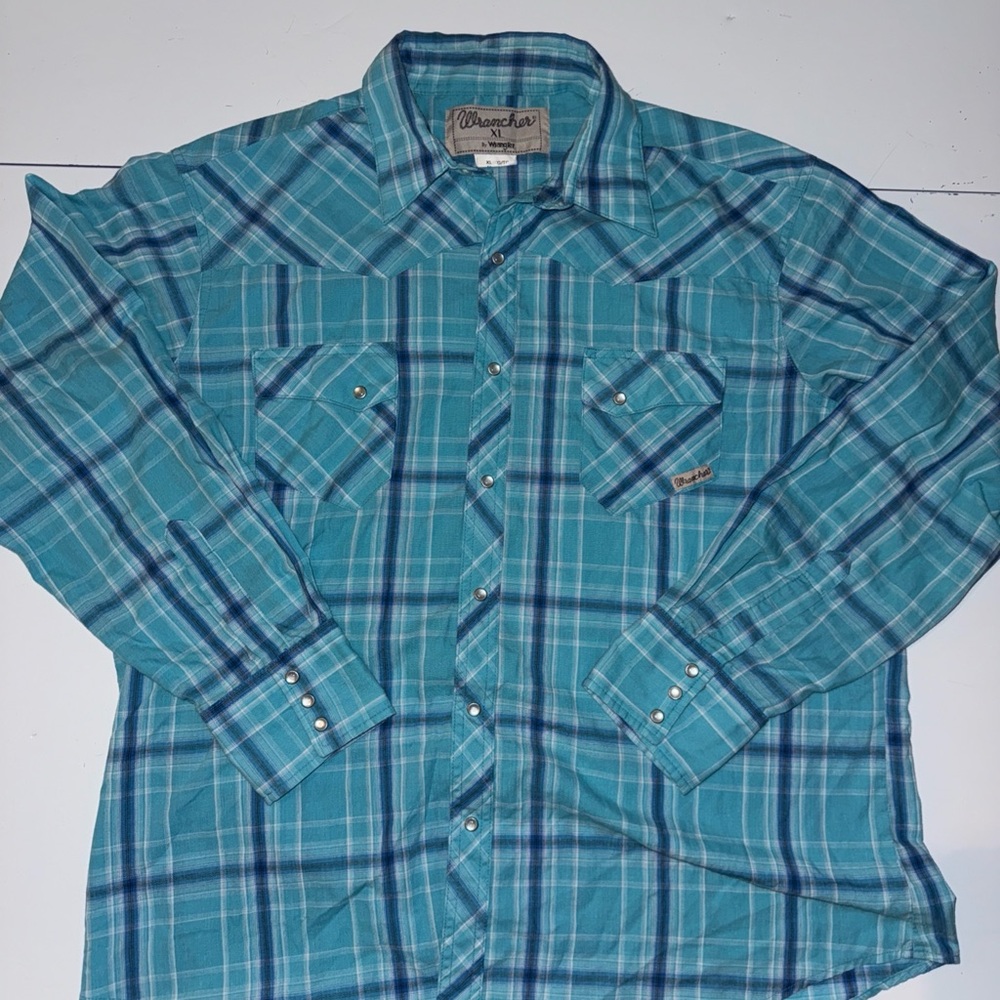 Vintage Wrangler Wrancher Shirt Men’s Size XL Blue Plaid Pearl Snap